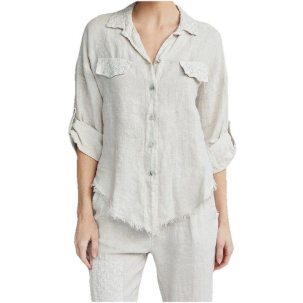Tina Stephens Womens Sleeve 100% Linen Tunic Top Shirt Made in Italy Beige Sz L